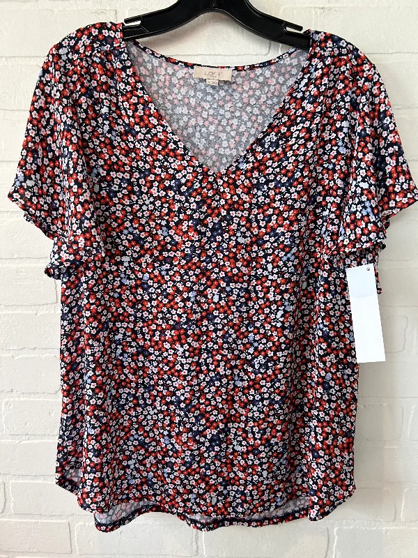 Blue & Red & White Blouse Short Sleeve Loft, Size M