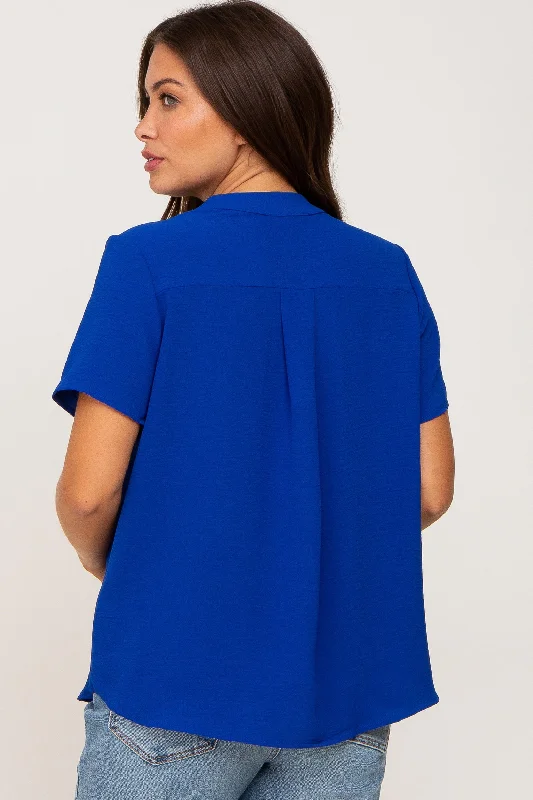 Blue Short Sleeve V-Neck Maternity Blouse