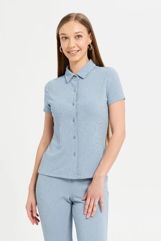 Women Blue Button Front Collared Top