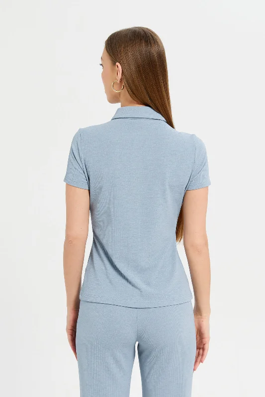 Women Blue Button Front Collared Top