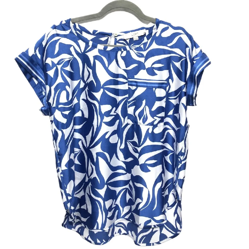 Blue & White Blouse Short Sleeve Loft, Size S