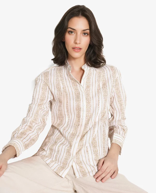 Rareism Women'S Cuneo Beige Cuffed Sleeve Mandarin Collar Broad Stripes Shirt