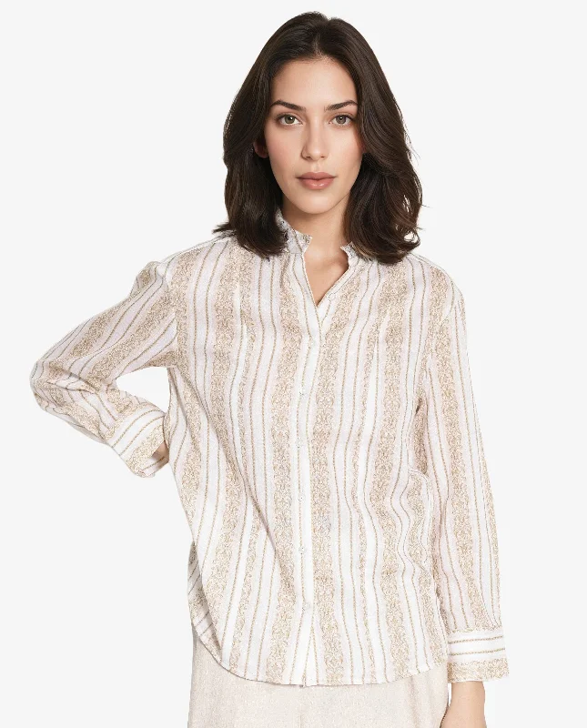 Rareism Women'S Cuneo Beige Cuffed Sleeve Mandarin Collar Broad Stripes Shirt