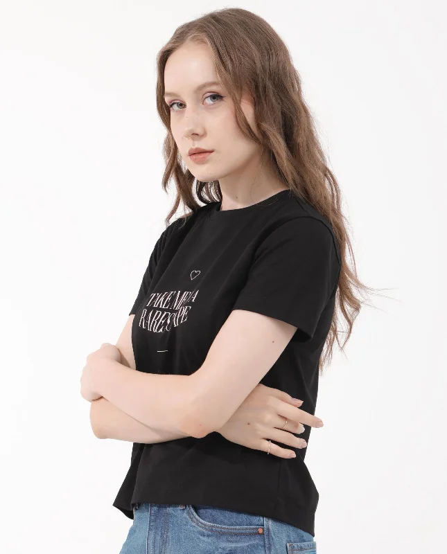 Rareism Women'S Erin Black Cotton Poly Fabric Short Sleeve Crew Neck Solid T-Shirt