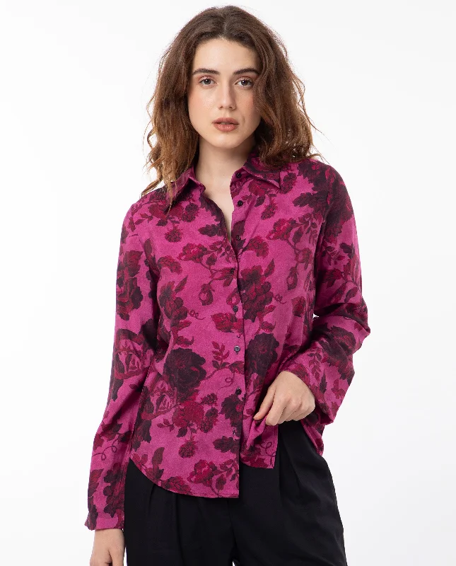 Rareism Women'S Esent Maroon Polyester Fabric Full Sleeves Button Closure Shirt Collar Relaxed Fit Floral Print Top