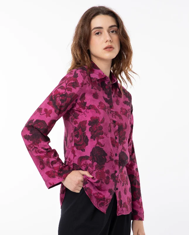 Rareism Women'S Esent Maroon Polyester Fabric Full Sleeves Button Closure Shirt Collar Relaxed Fit Floral Print Top