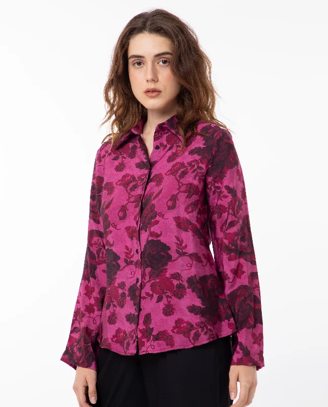 Rareism Women'S Esent Maroon Polyester Fabric Full Sleeves Button Closure Shirt Collar Relaxed Fit Floral Print Top