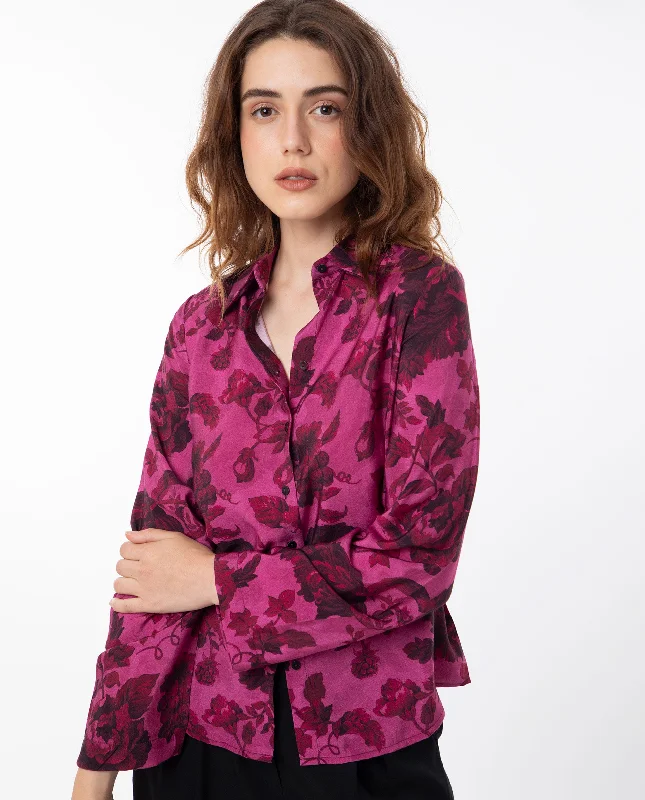 Rareism Women'S Esent Maroon Polyester Fabric Full Sleeves Button Closure Shirt Collar Relaxed Fit Floral Print Top