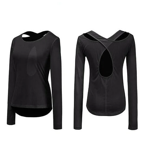 Female Fitness T-shirt Backless Cross Yoga Shirts Breathable Long Sleeve Sports Top Shirt Gym Workout Clothes for Women