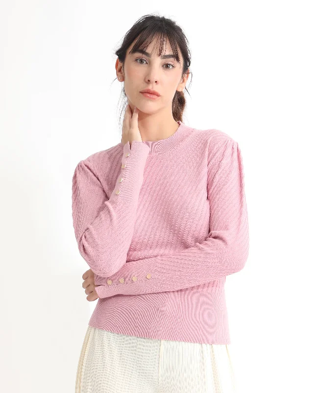 Rareism Women'S Fischer Pink Viscose Fabric Full Sleeves Knee Length Regular Fit Solid High Neck Sweater