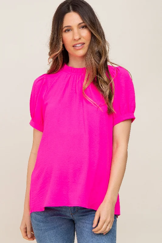 Fuchsia Ruffle Mock Neck Maternity Blouse Top