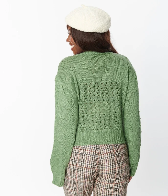 Green Eyelet Pom Pom Puff Sleeve Cardigan