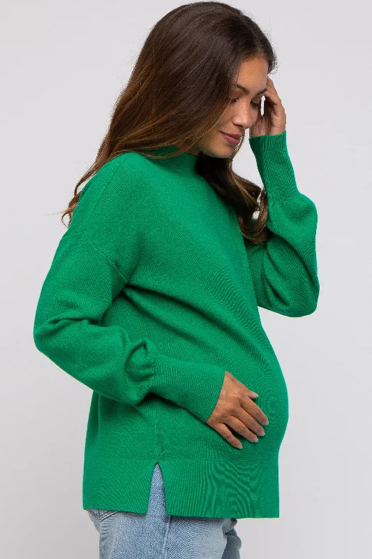 Green Knit Mock Neck Maternity Long Sleeve Top