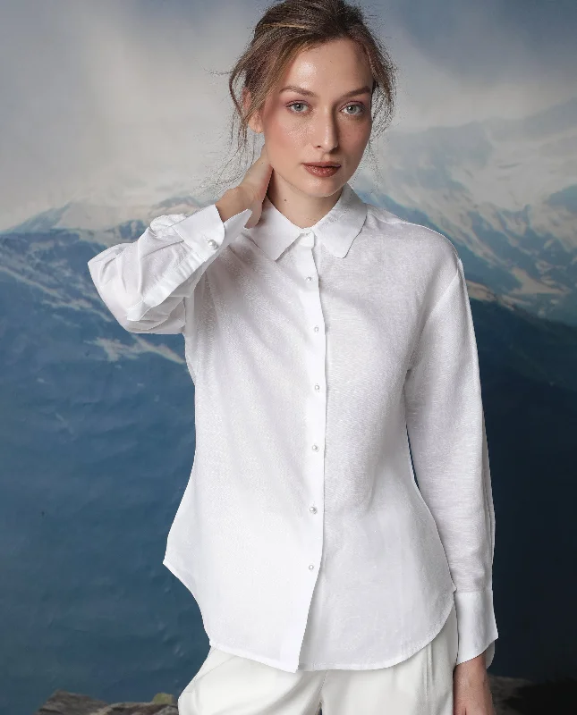 Rareism Women'S Jayleen White Modal Linen Fabric Slim Fit Shirt Collar Full Sleeves Solid Top