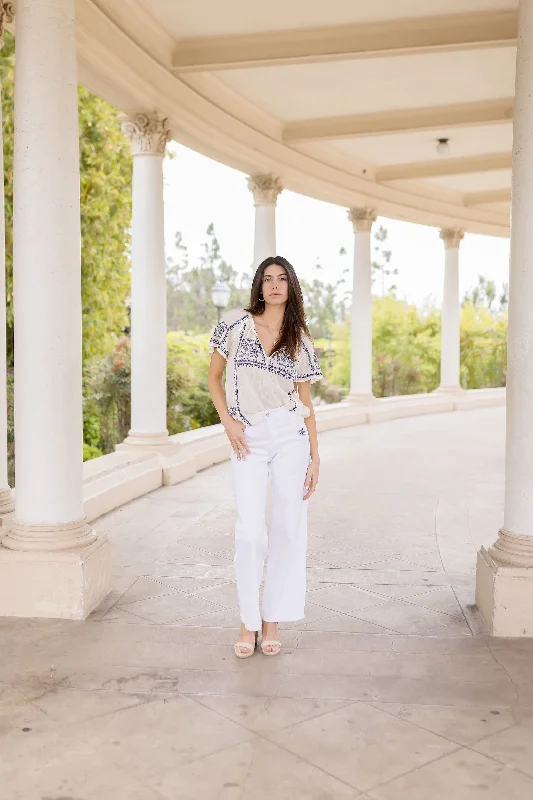 Jolene Short Sleeve Embroidered Floral Top Blue