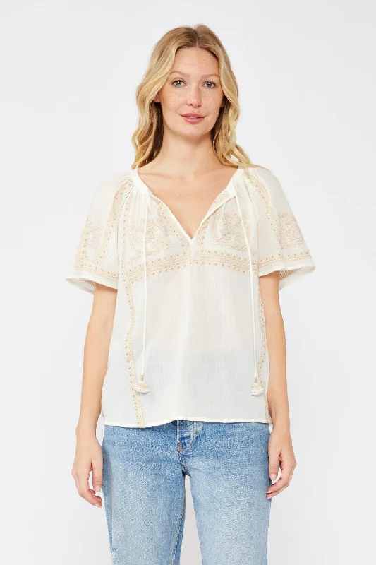 Jolene Short Sleeve Embroidered Floral Top Taupe