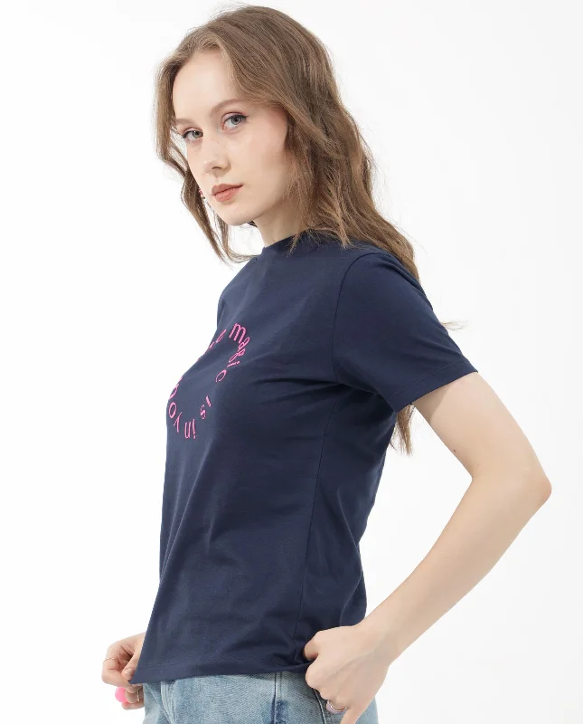 Rareism Women'S Karlie Dark Navy Cotton Poly Fabric Short Sleeve Crew Neck Solid T-Shirt