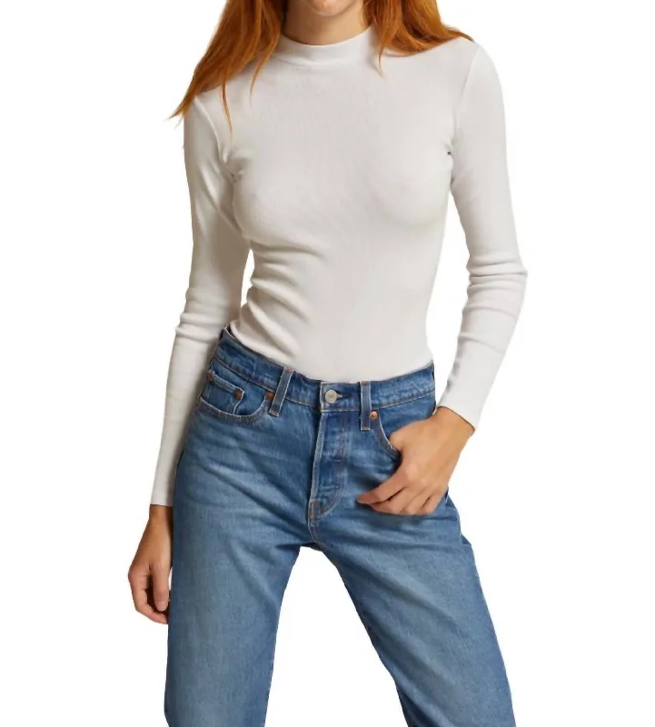 Lauryn Mock Neck Rib Long Sleeve Top In White