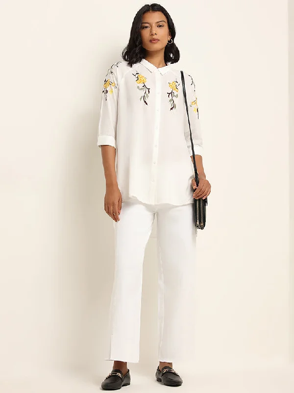 LOV White Floral Embroidered Shirt