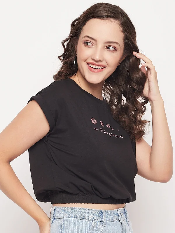 Madame Black Cotton Typography Elasticated Waist Crop Top