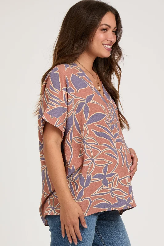 Mauve Floral Short Sleeve Maternity Blouse