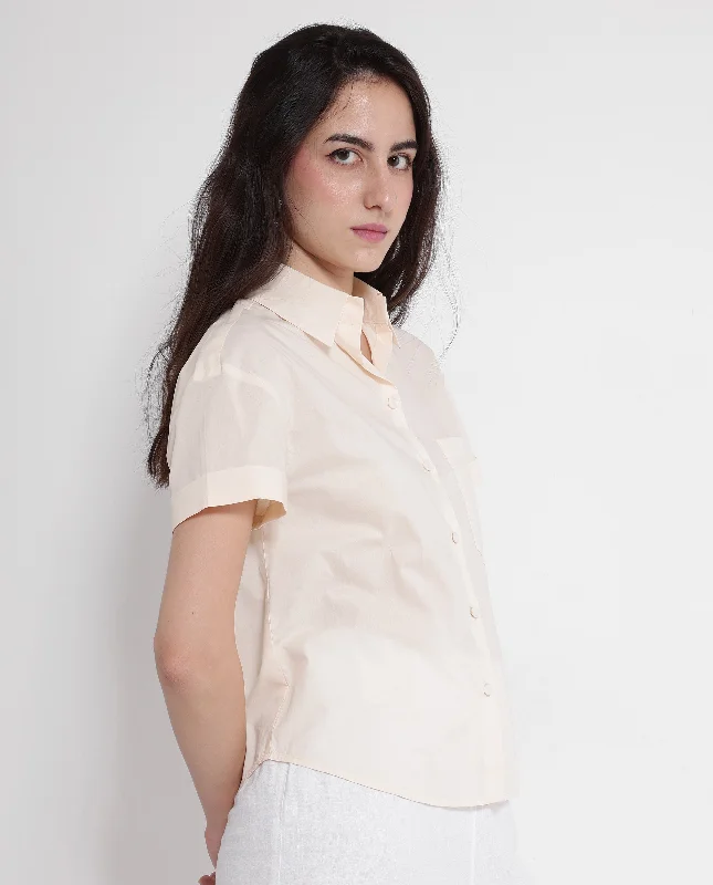 Rareism Women's Mium Beige Short Sleeve Collared Collar Button Plain Shirt