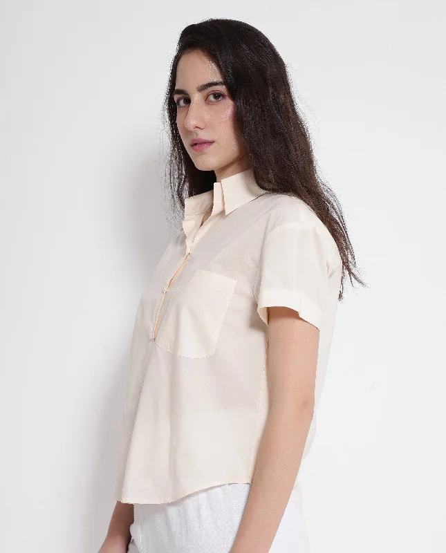 Rareism Women's Mium Beige Short Sleeve Collared Collar Button Plain Shirt