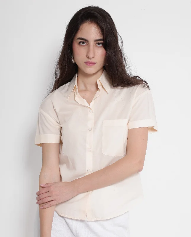 Rareism Women's Mium Beige Short Sleeve Collared Collar Button Plain Shirt