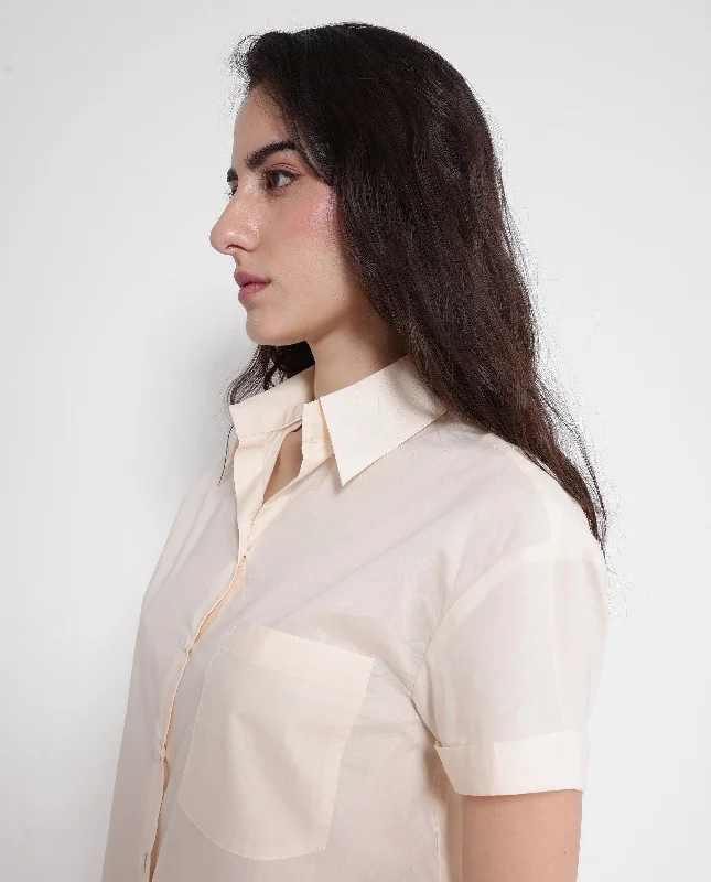 Rareism Women's Mium Beige Short Sleeve Collared Collar Button Plain Shirt