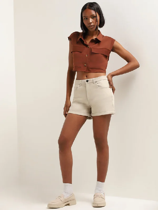 Nuon Brown Sleeveless Crop Shirt