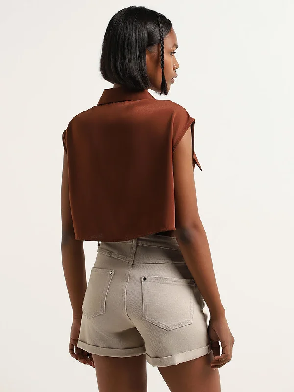 Nuon Brown Sleeveless Crop Shirt