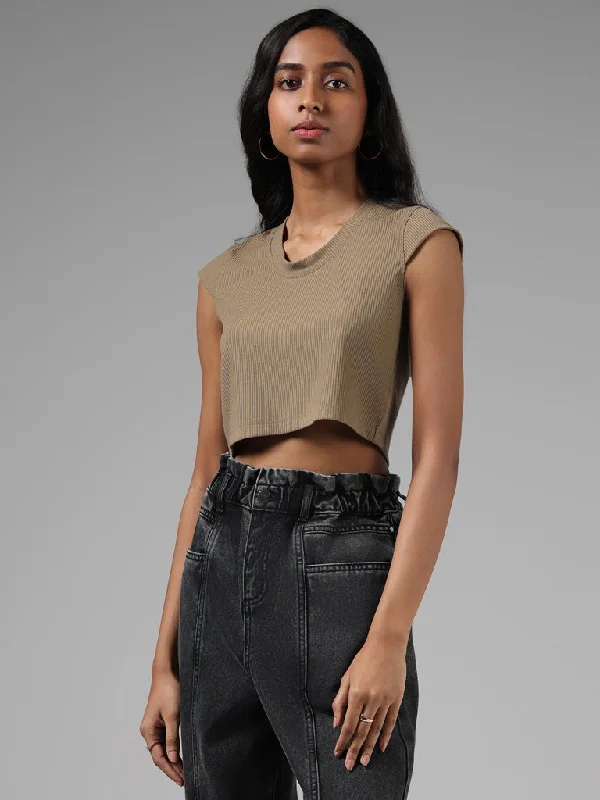 Nuon Ribbed Dark Beige Crop Top