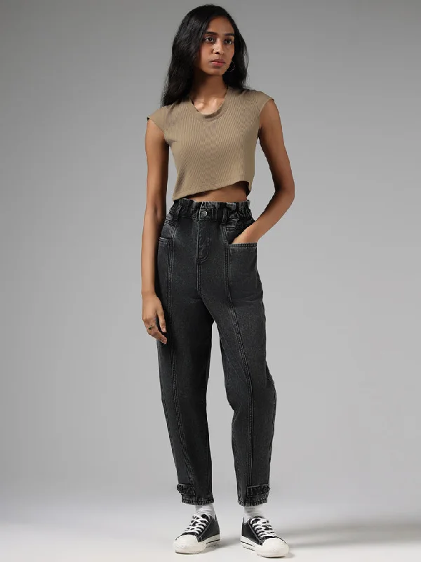 Nuon Ribbed Dark Beige Crop Top