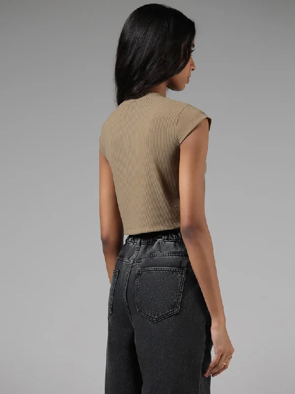 Nuon Ribbed Dark Beige Crop Top