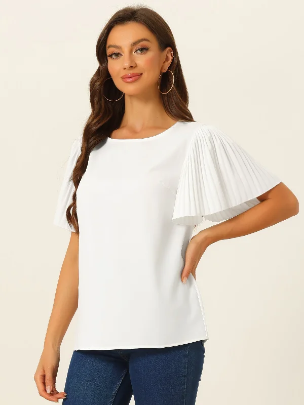 Flutter Sleeve Solid Round Neck Short Sleeve Blouse