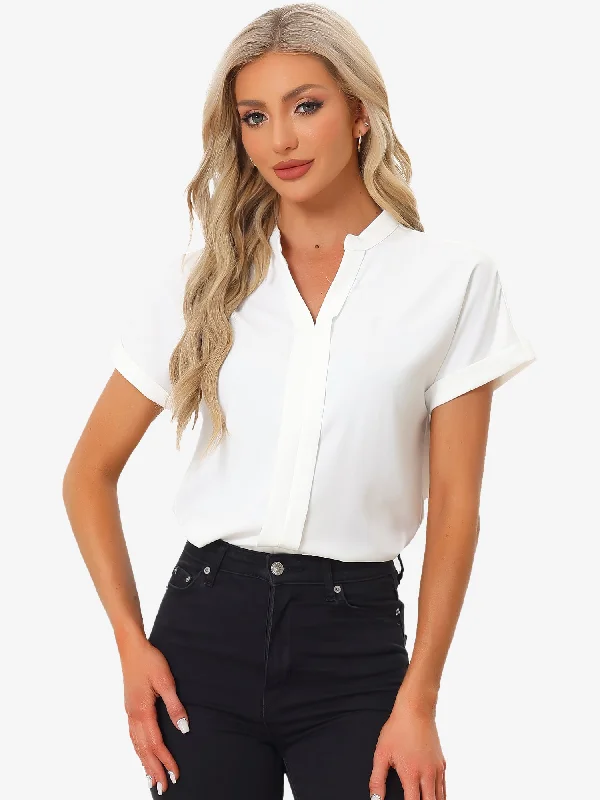 Chiffon Blouse V Neck Short Sleeve Casual Peasant Top