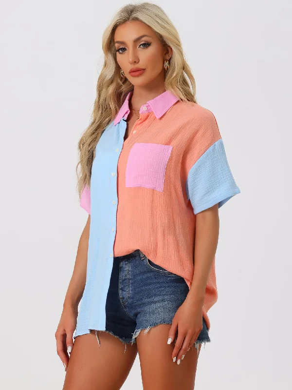 Colorblock Button Down Short Sleeves Textured Shirt Blouse