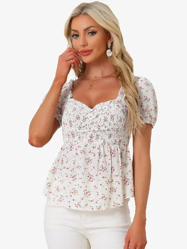 Puff Short Sleeve Floral Shirred Ruffle Peplum Blouse