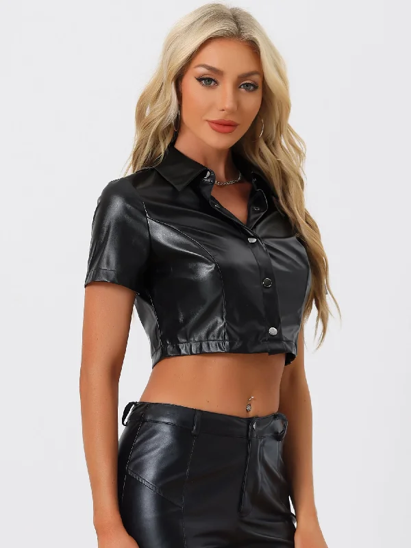 Pu Leather Short Sleeve Button Down Shirt Blouse Crop Top