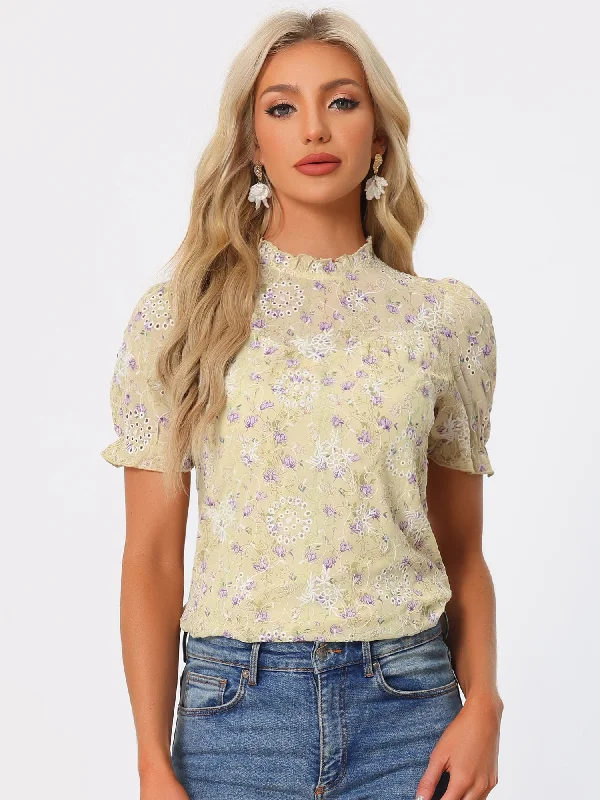 Lace Dressy Ruffle Collar Short Sleeve Floral Summer Blouse