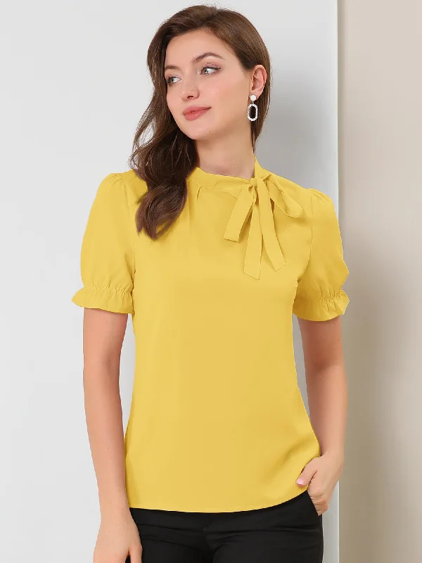 Bow Tie Neck Tops Elegant Office Short Sleeve Blouse