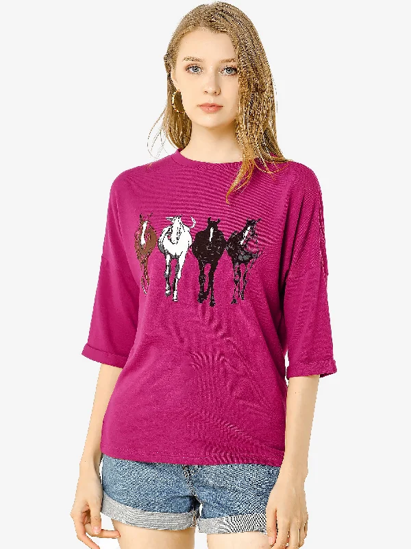 Christmas Drop Shoulder 3/4 Sleeve Horse Print Loose Top