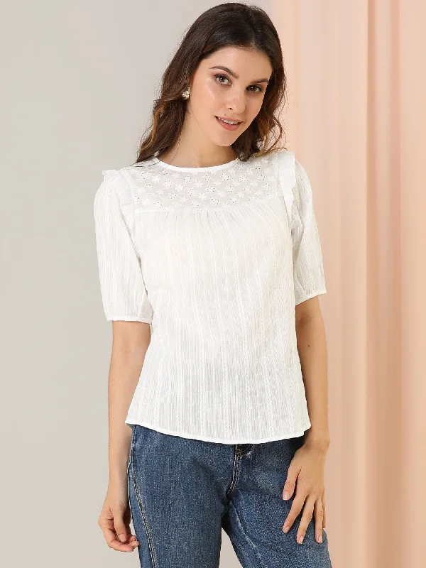 Cotton Summer Ruffle Frilled Round Neck Short Sleeve Blouse