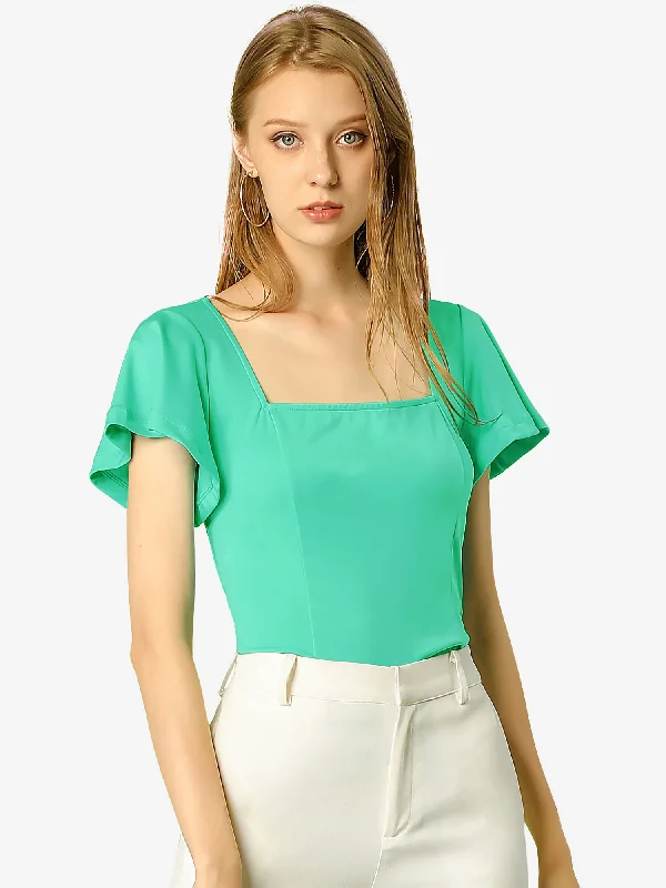 Work Office Top Square Neck Flutter Short Sleeve Blouse