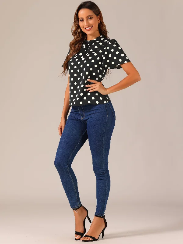 Polka Dots Stand Collar Pleat Keyhole Short Flare Sleeve Blouse