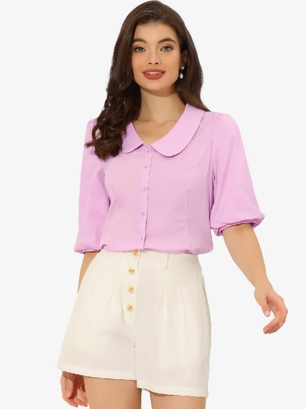 Sweet Short Bubble Sleeve Blouse Peter Pan Collar Solid Top