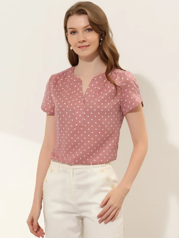 Polka Dots Print V Neck Short Sleeve Elegant Work Office Tops