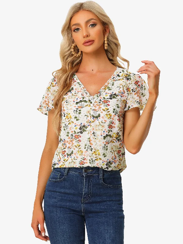 V Neck Flared Short Sleeve Pleated Floral Print Blouse