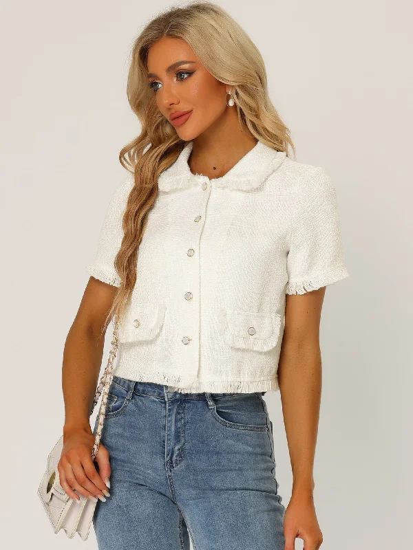 Tweed Tassel Cropped Length Summer Short Sleeve Shirt