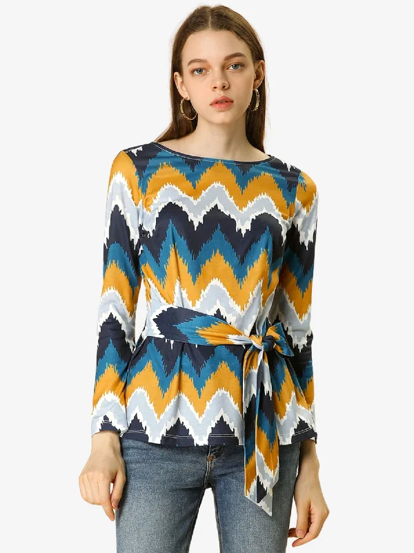 Zigzag Pattern Crew Neck Long Sleeve Casual Belt Blouse Top